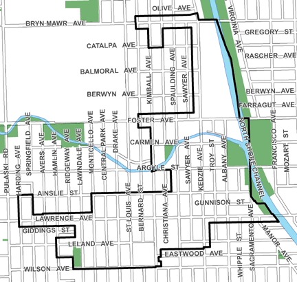 Lawrence/Kedzie TIF district, roughly bounded on the north by Bryn Mawr Avenue, Wilson Avenue on the south, the North Branch of the Chicago River on the east, and Harding Avenue on the west.